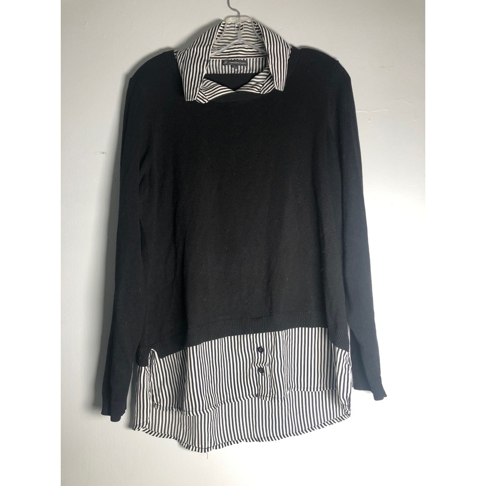 Adrianna Papell Sweater Top Womens Large Black Striped Layered Mixed Media L